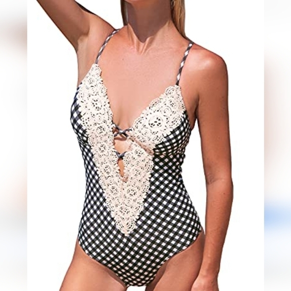 NWT Cupshe Women's Medium Gingham Swimsuit Lace Vintage One Piece Swimsuit Beach - Picture 2 of 9